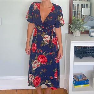 Navy floral wrap dress